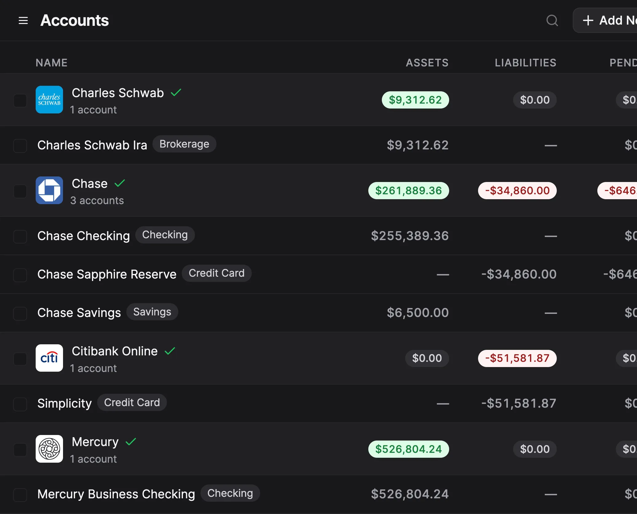 List of bank accounts connected in Balance