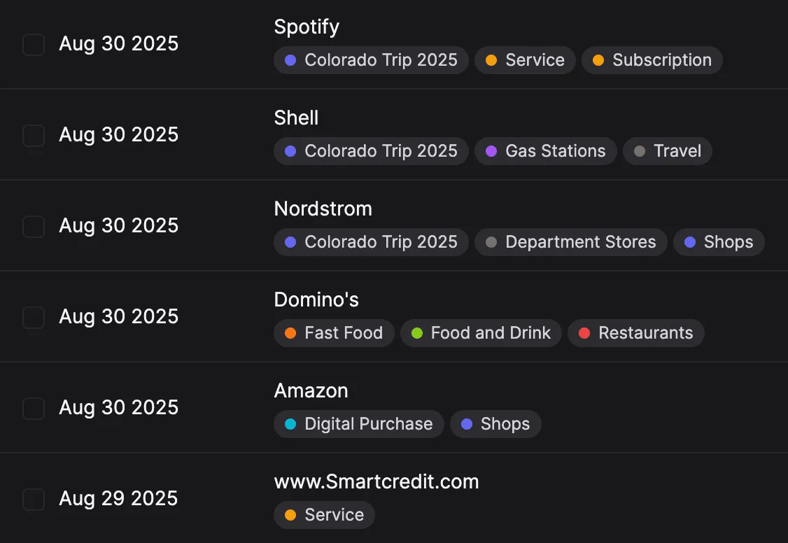 AI powered transaction categorization with multiple categories, like #tags.