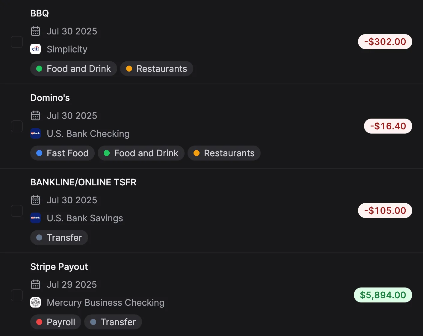 Transactions automatically synced via Plaid
