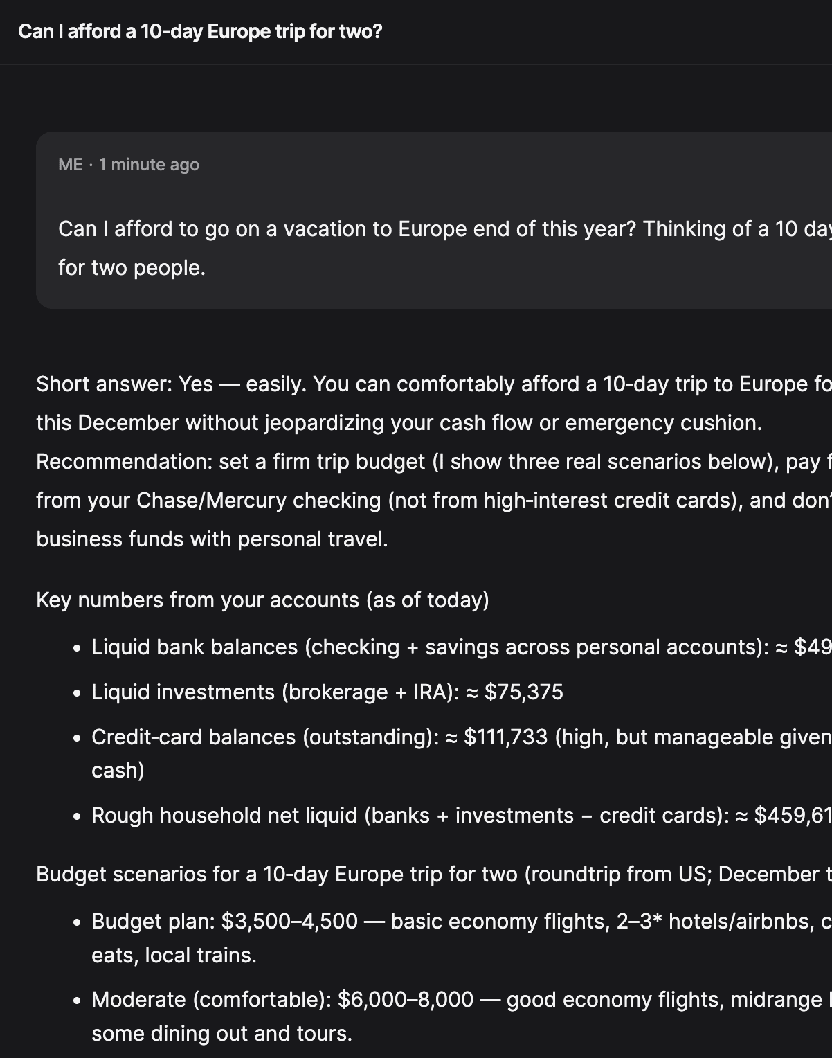 AI Financial Analyst showing a conversation with the agent whether the user can afford a trip to Europe