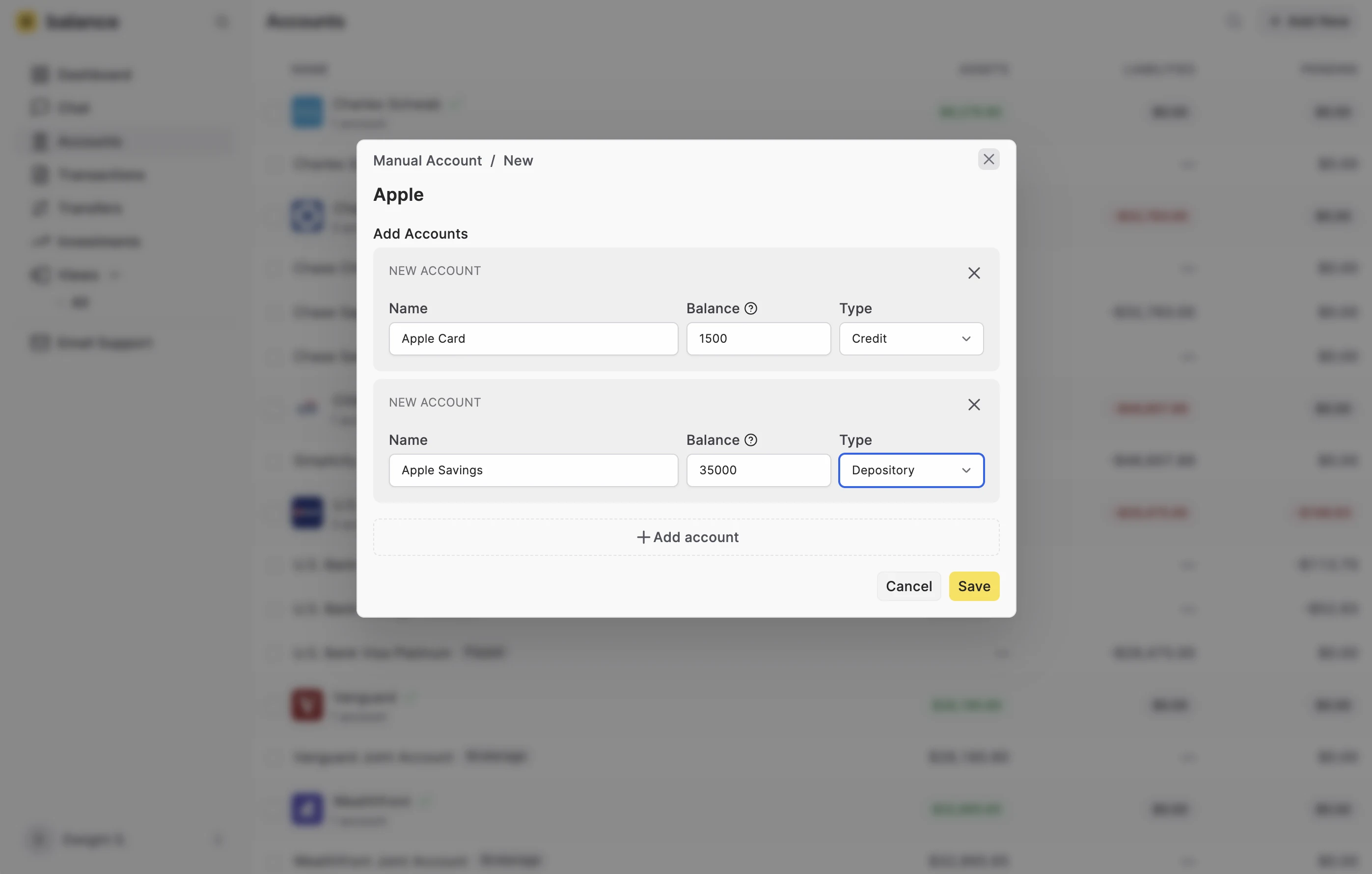 Manual Account Entry